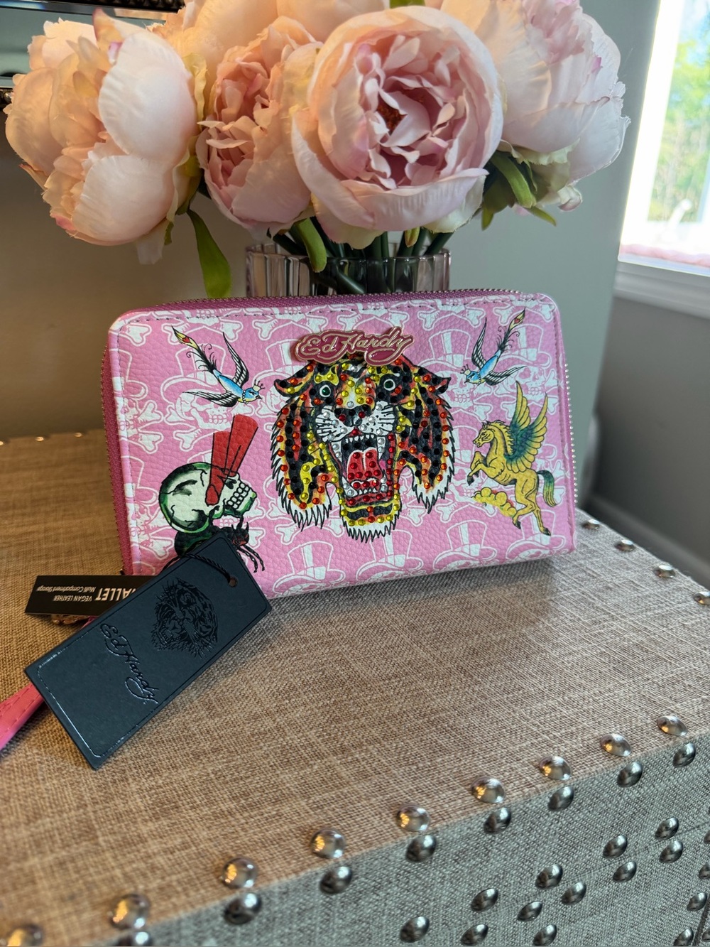Ed Hardy Pink Graphic Zip-Around Wallet with Tiger & Skull Motifs